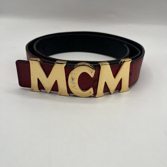 MCM Claus Red Visetos 24k Rolled Gold Buckle Belt Logo On Leather AS IS DAMAGED - Picture 1 of 16